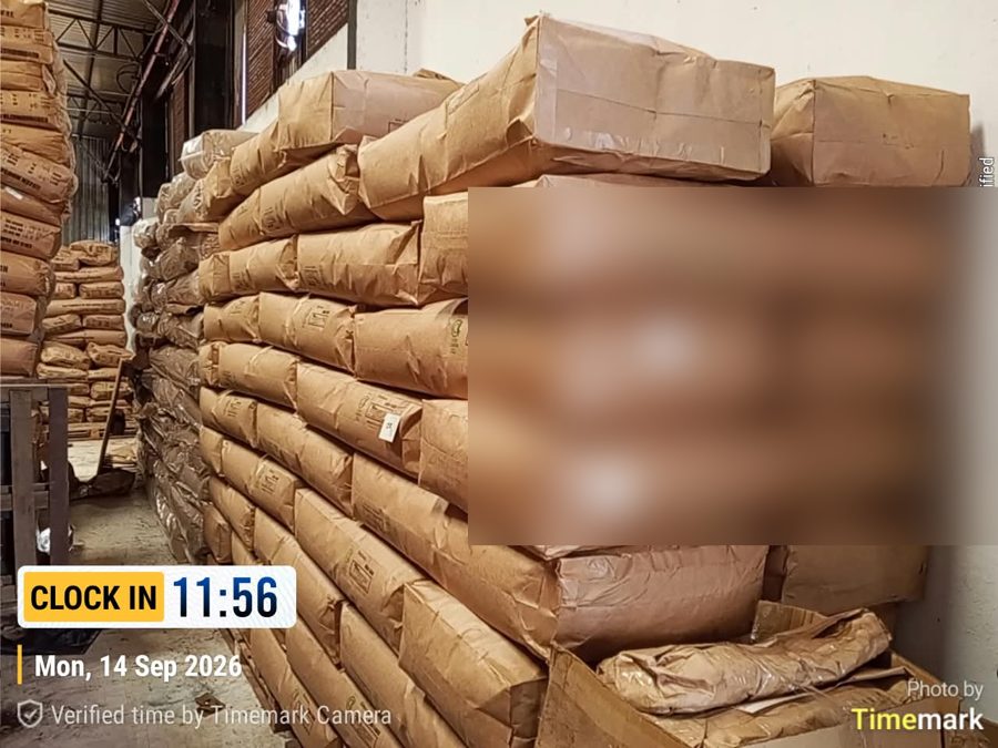 Tea sacks stacked in warehouse